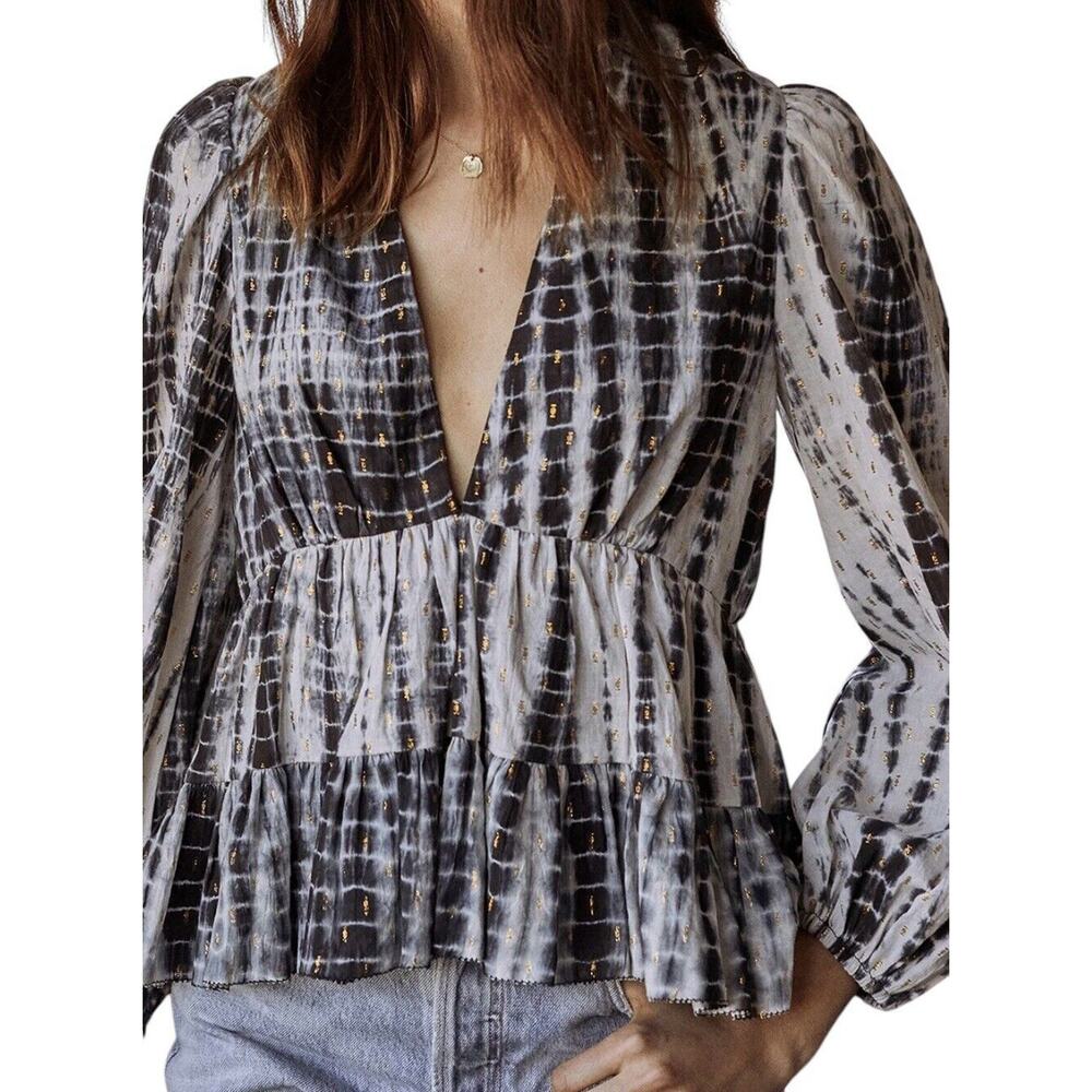 Saylor Womens Uma Top Blouse Large Boho Lurex Tie Dye Tiered Deep V Black Gold